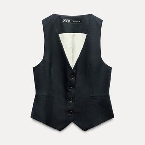 Zara Tailored Linen Blend Waistcoat - Navy | M